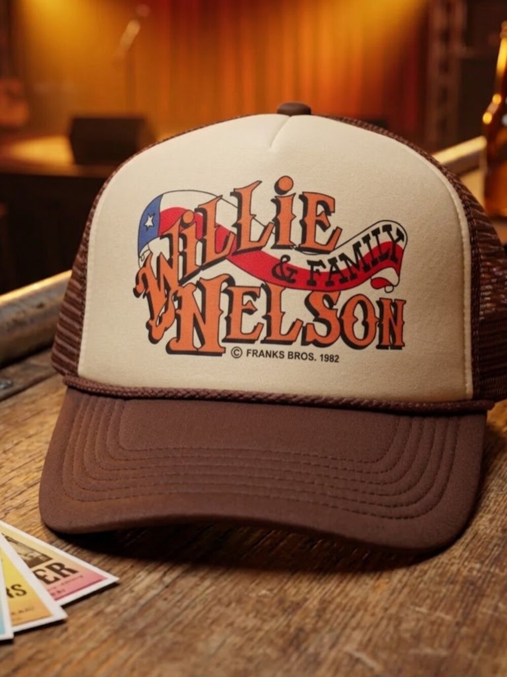 Retro Willie Nelson Hat 1982 Tour Texas Country Tan Brown Foam Rope Snapback Cap